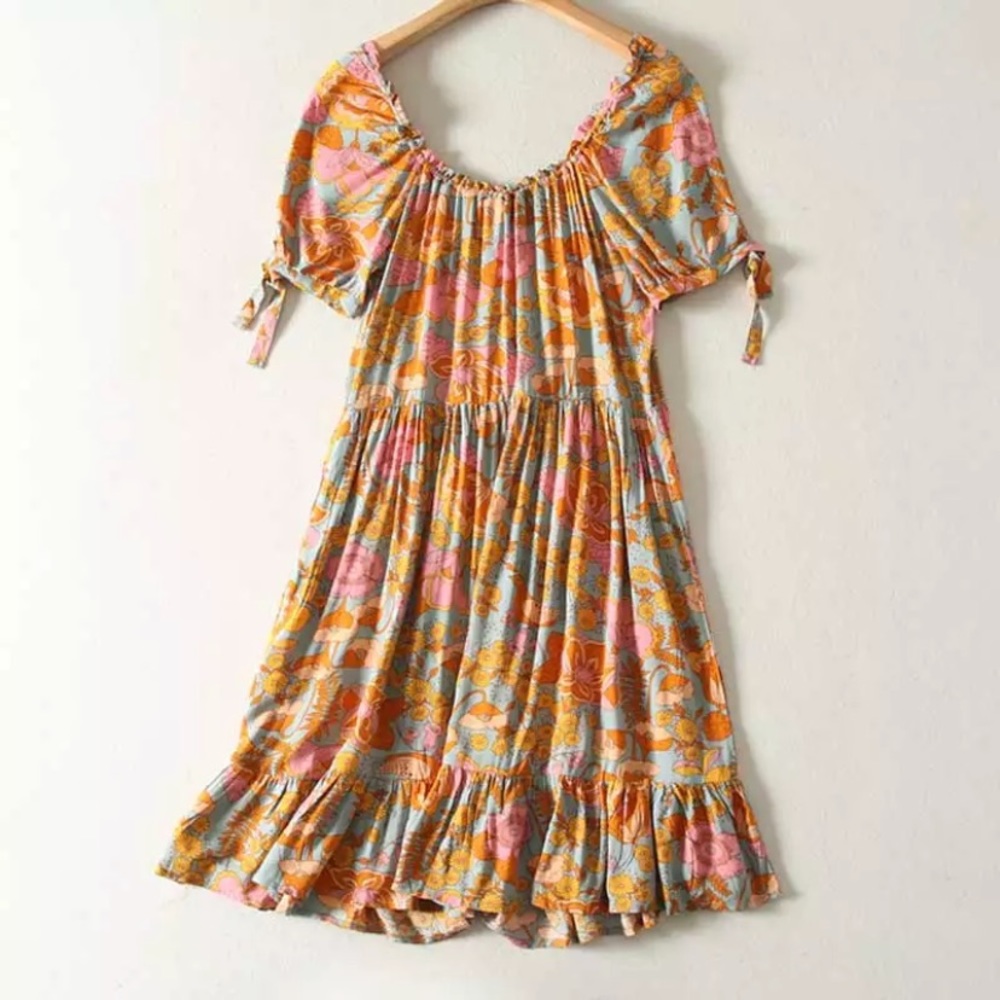 SOLD OUT Boho Orange Gypsy Retro Floral Babydoll Dress - Picture 2 of 5